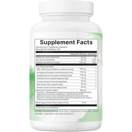 Panel de información del suplemento Micro Ingredients Liver Advanced+ con porción de 2 cápsulas.