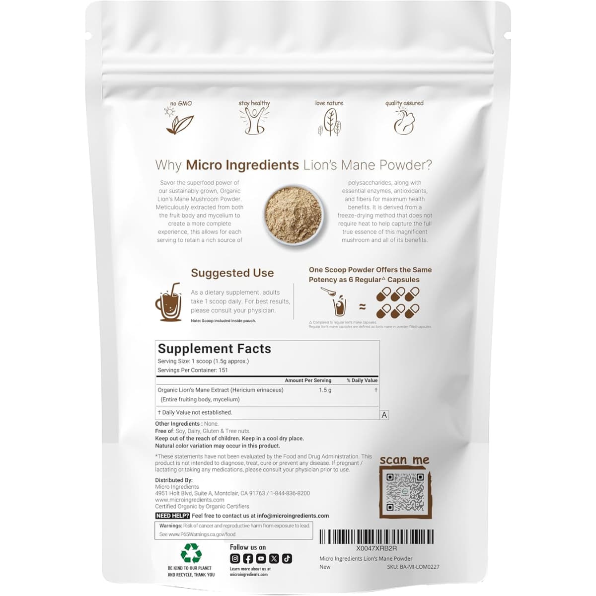 Tabla nutricional del suplemento Micro Ingredients Melena de León 227 g en polvo
