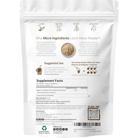 Tabla nutricional del suplemento Micro Ingredients Melena de León 227 g en polvo