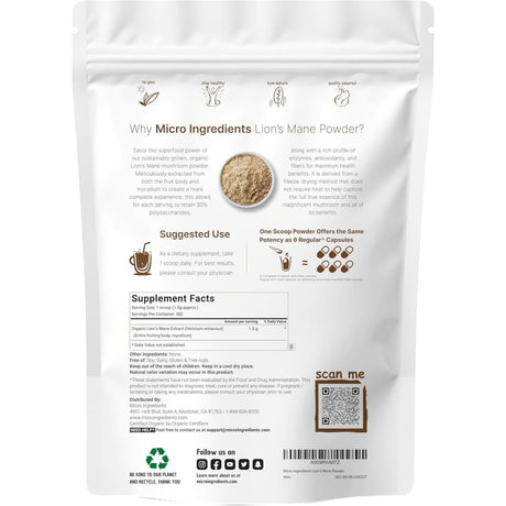 Tabla nutricional del suplemento Micro Ingredients Melena de León 454 g en polvo