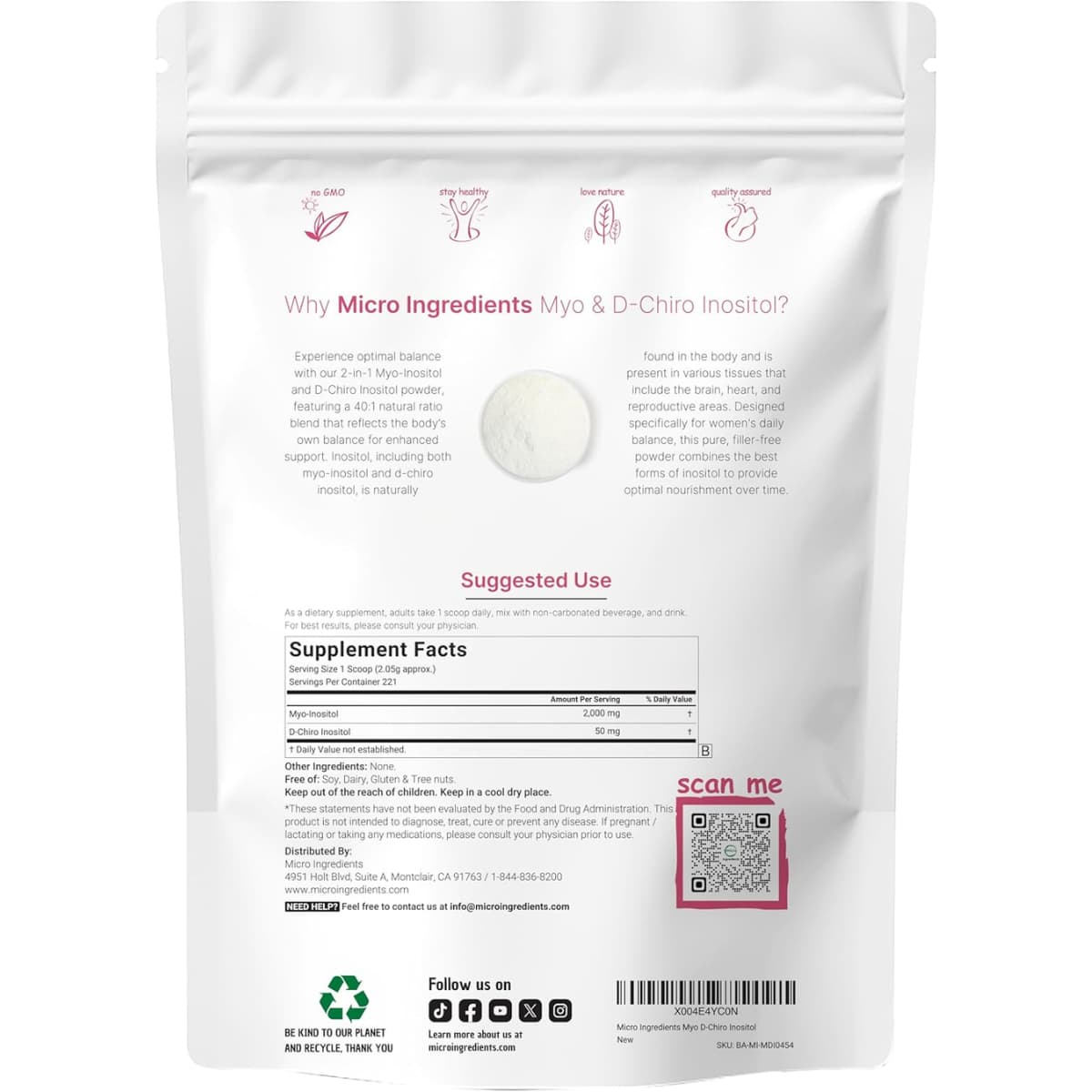 Tabla nutricional del suplemento Micro Ingredients Myo & D-Chiro Inositol 1 lb