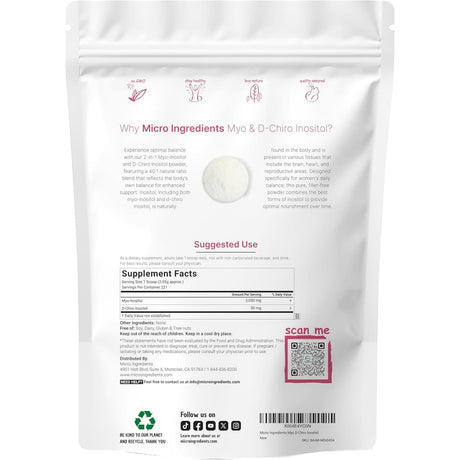 Tabla nutricional del suplemento Micro Ingredients Myo & D-Chiro Inositol 1 lb
