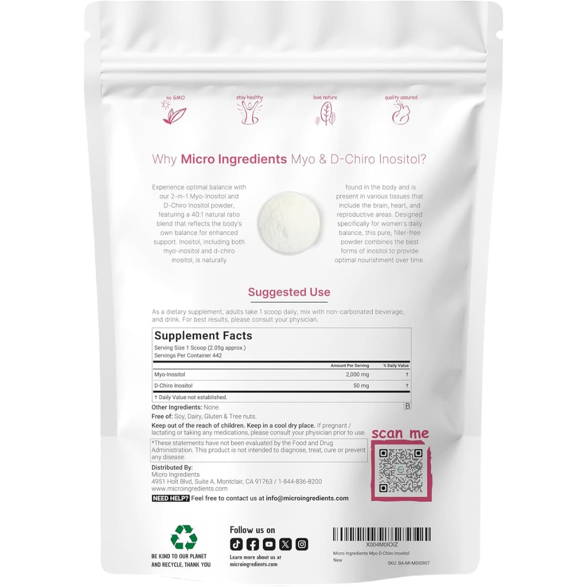 Tabla nutricional del suplemento Micro Ingredients Myo & D-Chiro Inositol 2 lb