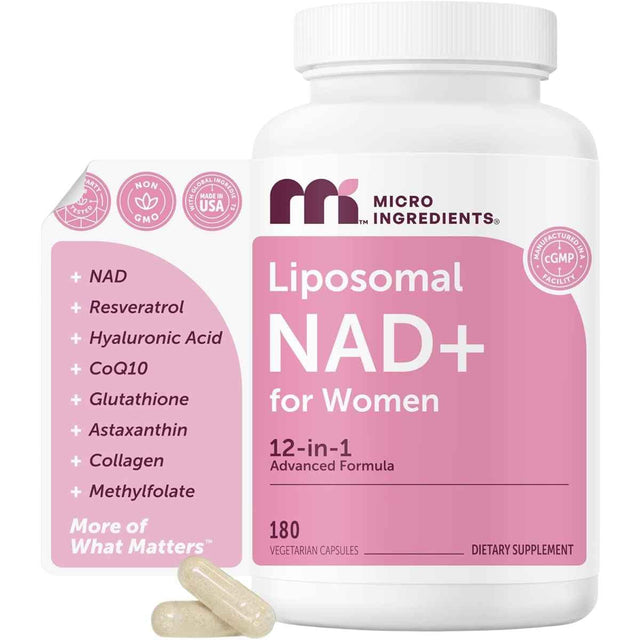 Frasco del suplemento Micro Ingredients Liposomal NAD con fórmula multicomponente en cápsulas vegetales, presentación de 180 unidades.