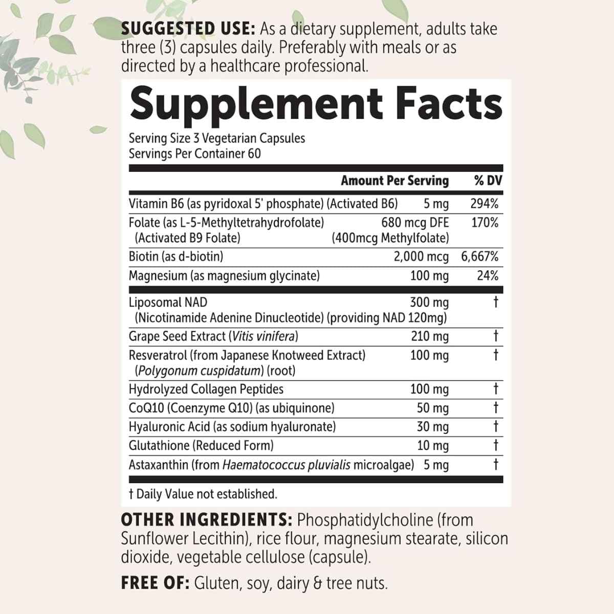 Etiqueta del suplemento Micro Ingredients Liposomal NAD con información de vitaminas, NAD, extractos y cantidades por porción.