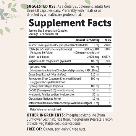 Etiqueta del suplemento Micro Ingredients Liposomal NAD con información de vitaminas, NAD, extractos y cantidades por porción.