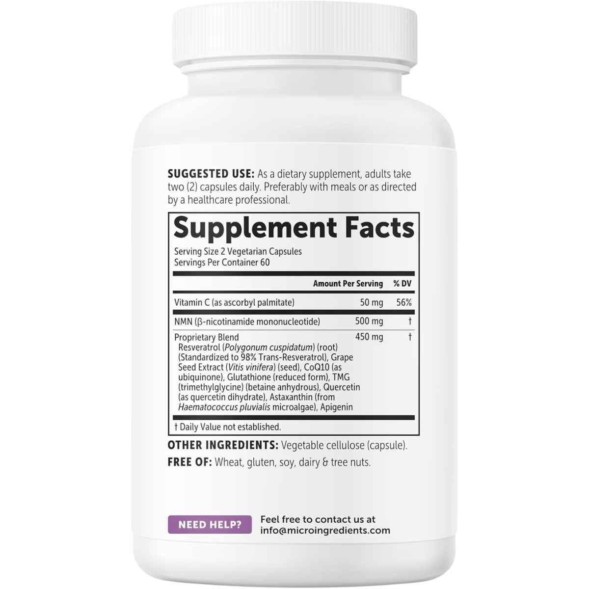 Información del suplemento de Micro Ingredients NMN para la presentación de 120 cápsulas