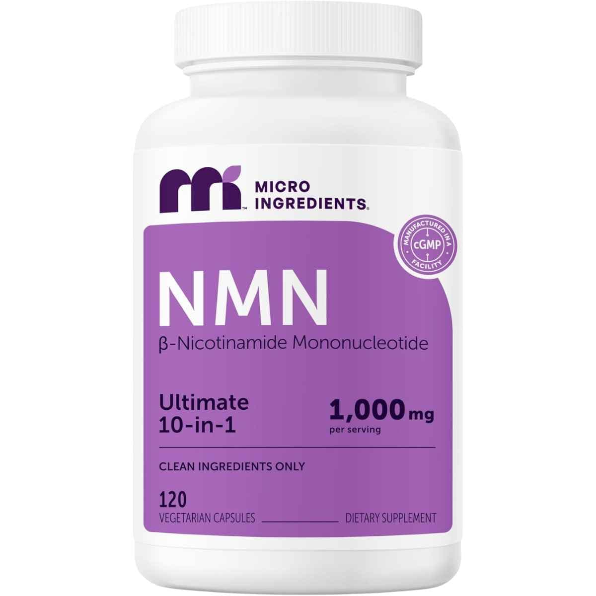 Frasco frontal de Micro Ingredients NMN, presentación de 120 cápsulas