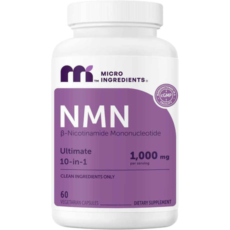 Frasco frontal de Micro Ingredients NMN, presentación de 60 cápsulas