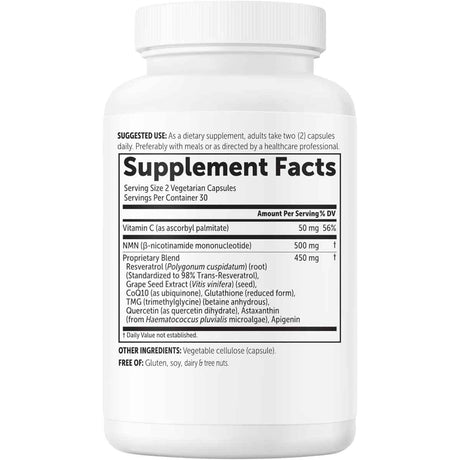 Información del suplemento de Micro Ingredients NMN para la presentación de 60 cápsulas