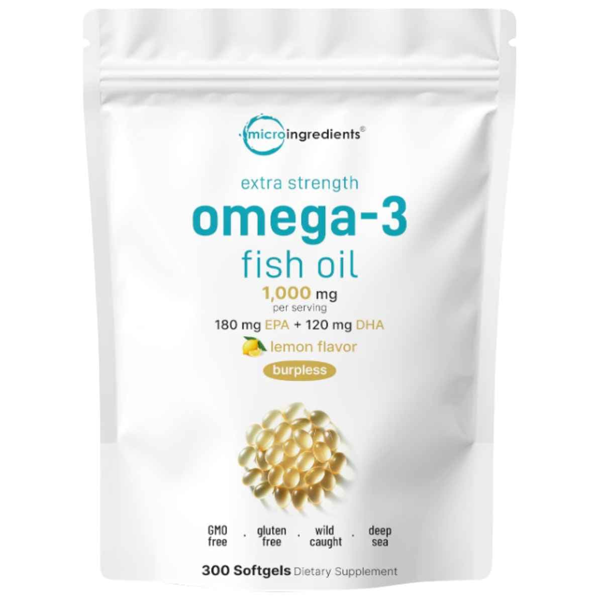 Micro Ingredients Omega 3 de aceite de pescado, 300 cápsulas blandas sabor limón