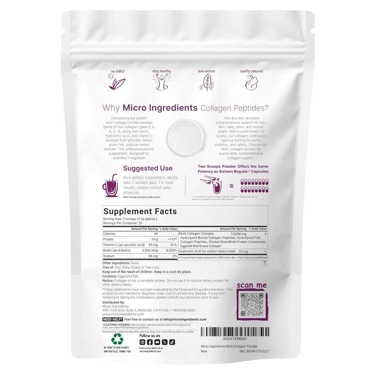 Etiqueta Supplement Facts de MICRO INGREDIENTS péptidos de colágeno múltiple de 227 g