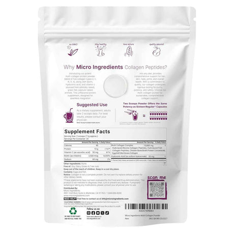 Etiqueta Supplement Facts de MICRO INGREDIENTS péptidos de colágeno múltiple de 227 g