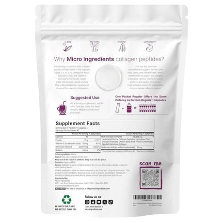 Etiqueta Supplement Facts de MICRO INGREDIENTS péptidos de colágeno múltiple en 40 sobres de 440 g