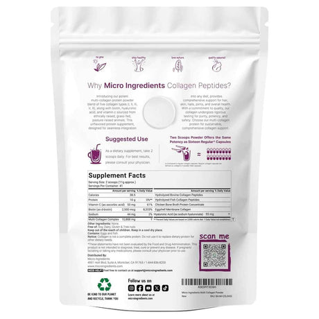 Etiqueta Supplement Facts de MICRO INGREDIENTS péptidos de colágeno múltiple de 454 g