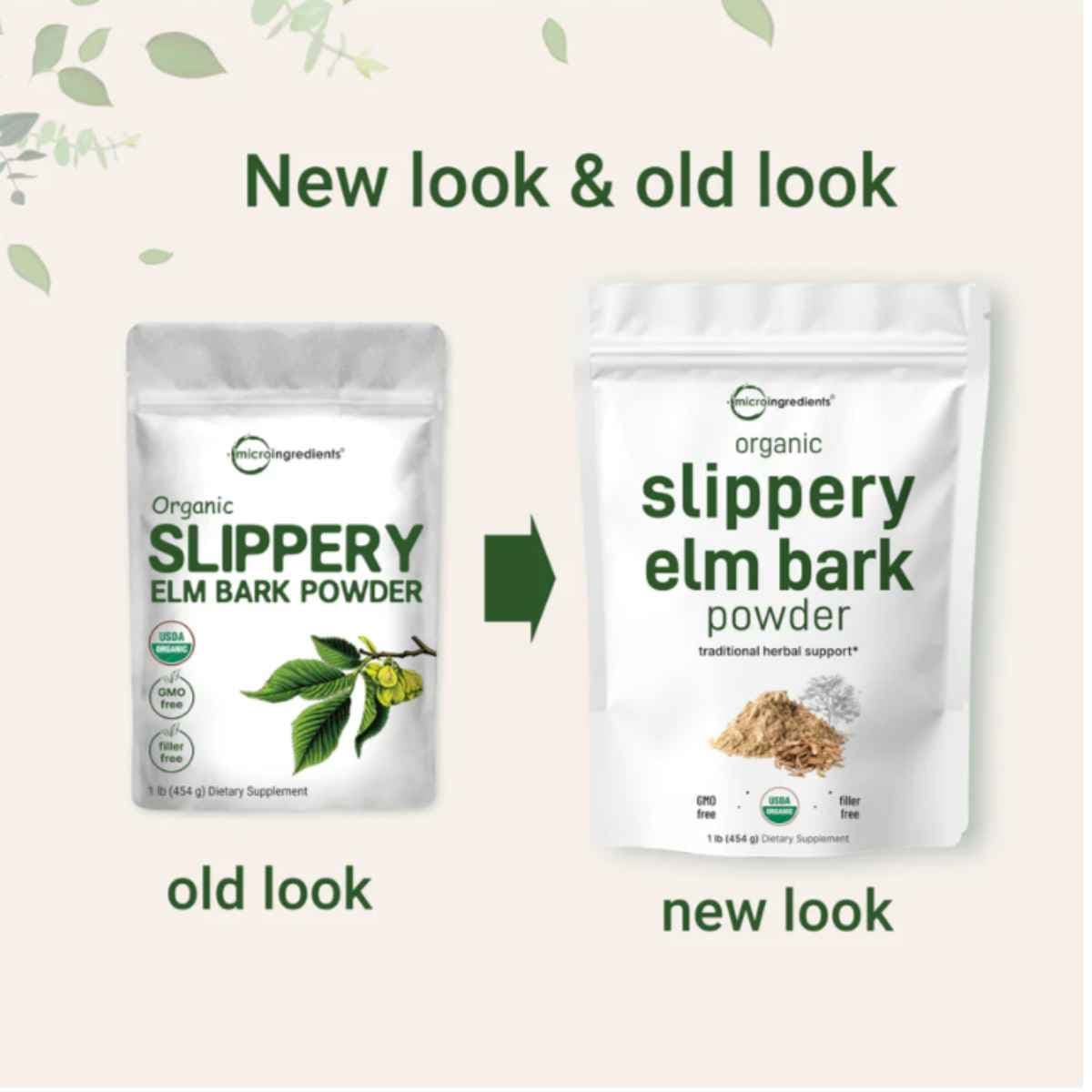 Comparativa del paquete nuevo y antiguo del suplemento Micro Ingredients Polvo Orgánico de Corteza de Olmo Resbaladizo