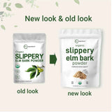 Comparativa del paquete nuevo y antiguo del suplemento Micro Ingredients Polvo Orgánico de Corteza de Olmo Resbaladizo