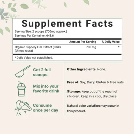 Tabla nutricional del suplemento Micro Ingredients Polvo Orgánico de Corteza de Olmo Resbaladizo 1 lb (454 g)