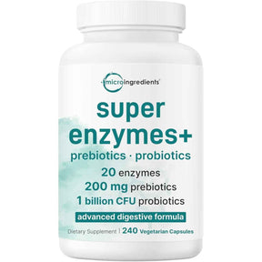 Frasco frontal de Micro Ingredients Super Enzymes+ con prebióticos y probióticos, 240 cápsulas.