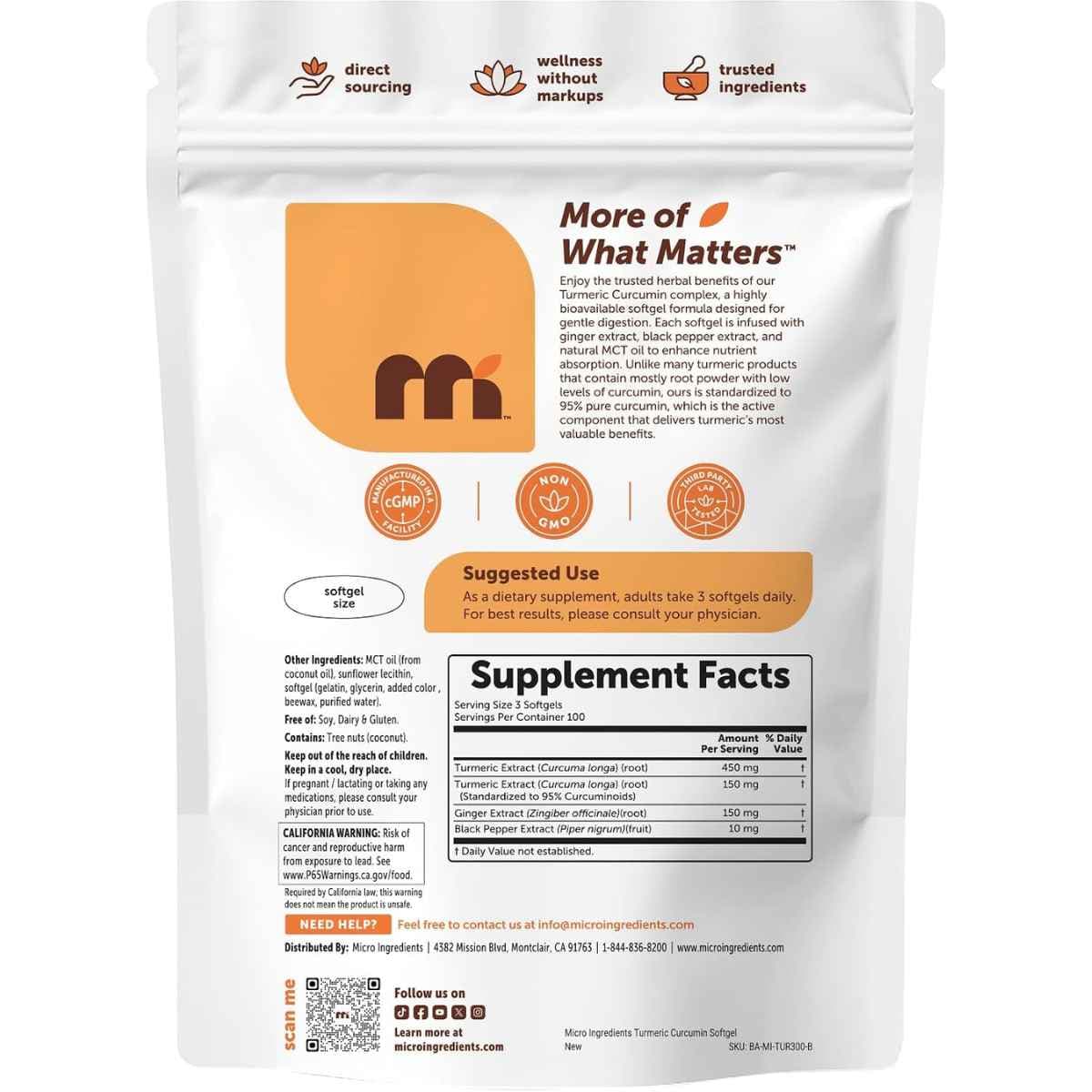 Etiqueta de Micro Ingredients Cúrcuma Curcumina con información del suplemento y modo de uso.
