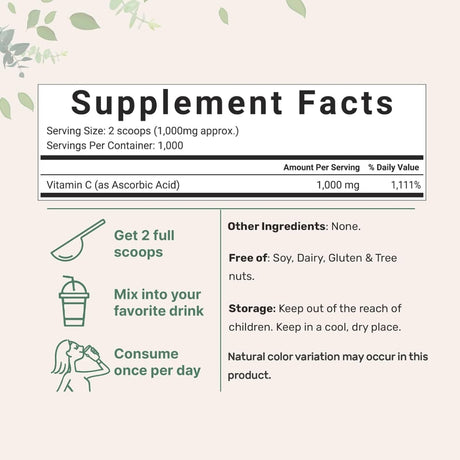 Tabla nutricional del suplemento Micro Ingredients Vitamina C en Polvo 2.2 lbs