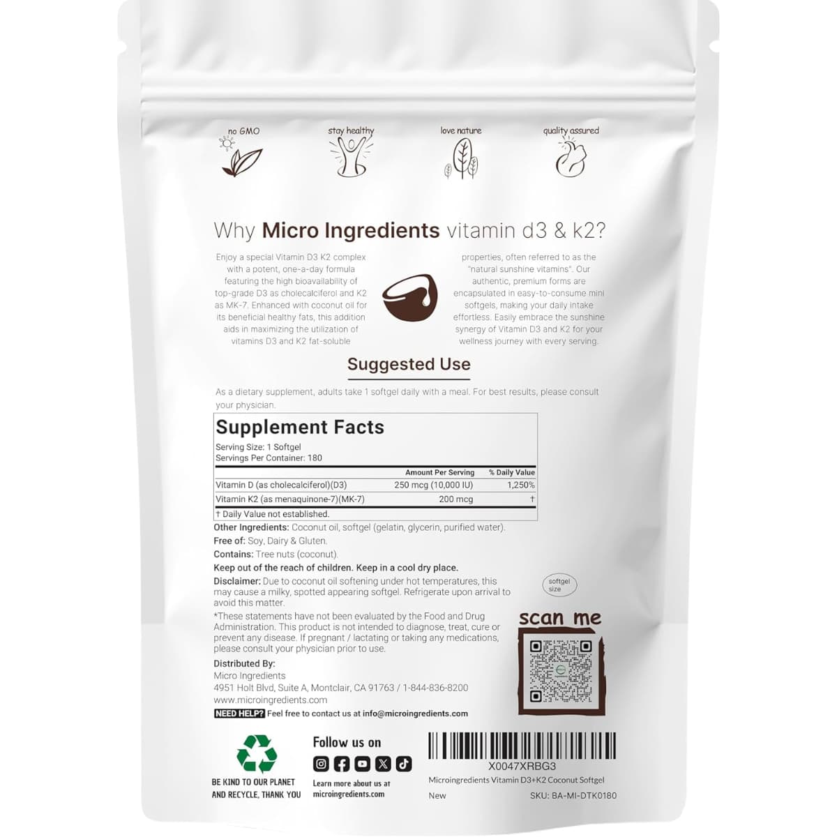 Tabla nutricional del suplemento Micro Ingredients Vitamina D3 y K2 180 cápsulas blandas