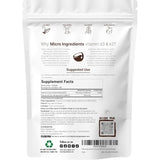 Tabla nutricional del suplemento Micro Ingredients Vitamina D3 y K2 180 cápsulas blandas