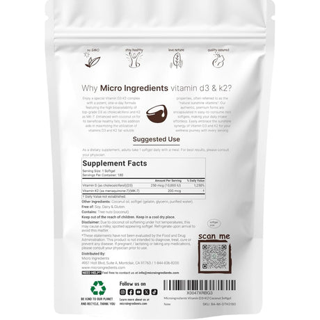 Tabla nutricional del suplemento Micro Ingredients Vitamina D3 y K2 180 cápsulas blandas