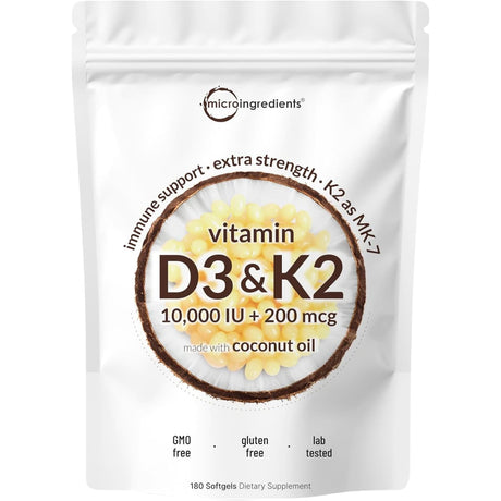 Frasco de suplemento Micro Ingredients Vitamina D3 y K2 180 cápsulas blandas