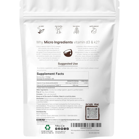 Tabla nutricional del suplemento Micro Ingredients Vitamina D3 y K2 300 cápsulas blandas