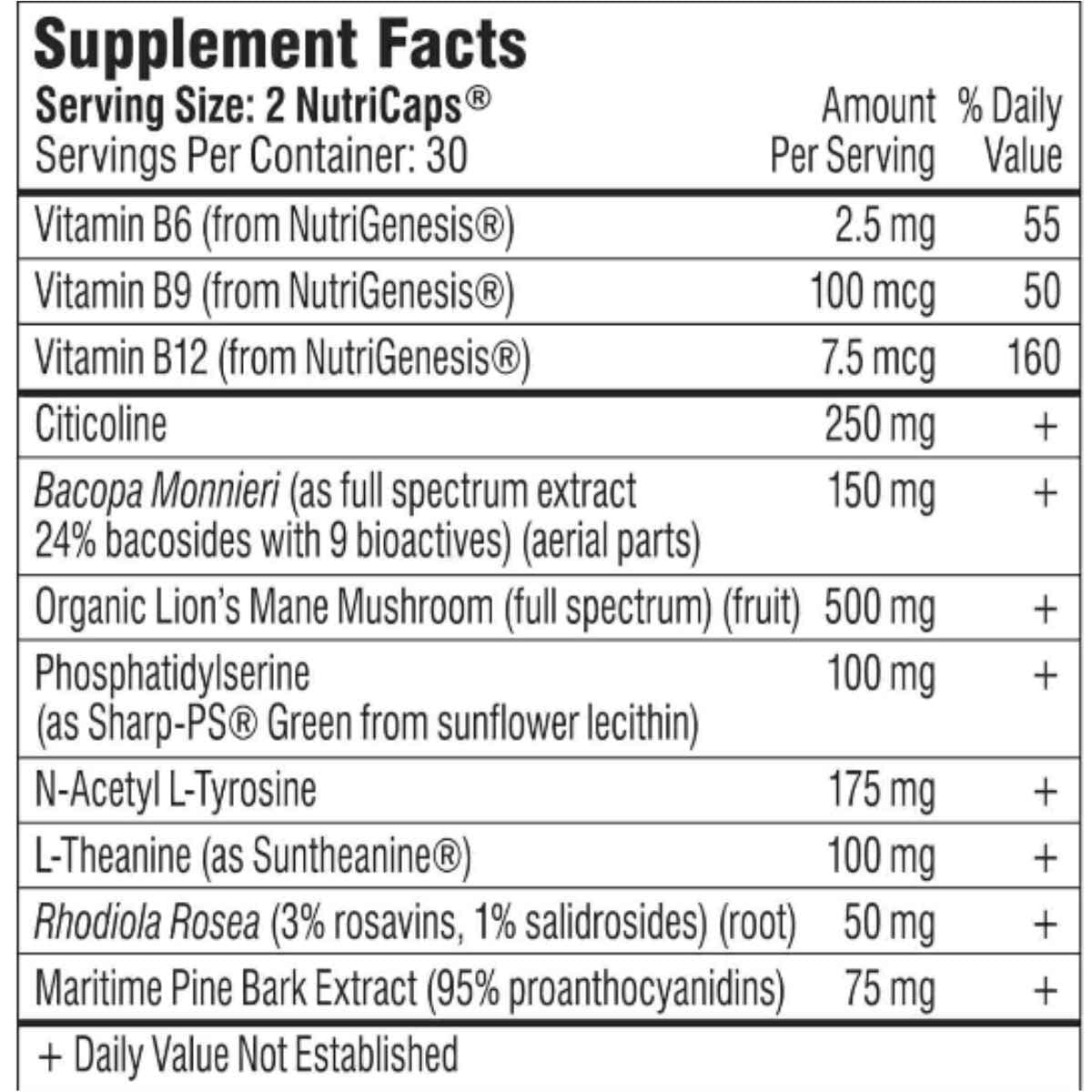 Etiqueta Supplement Facts de Mind Lab Pro Nootrópico con 60 cápsulas