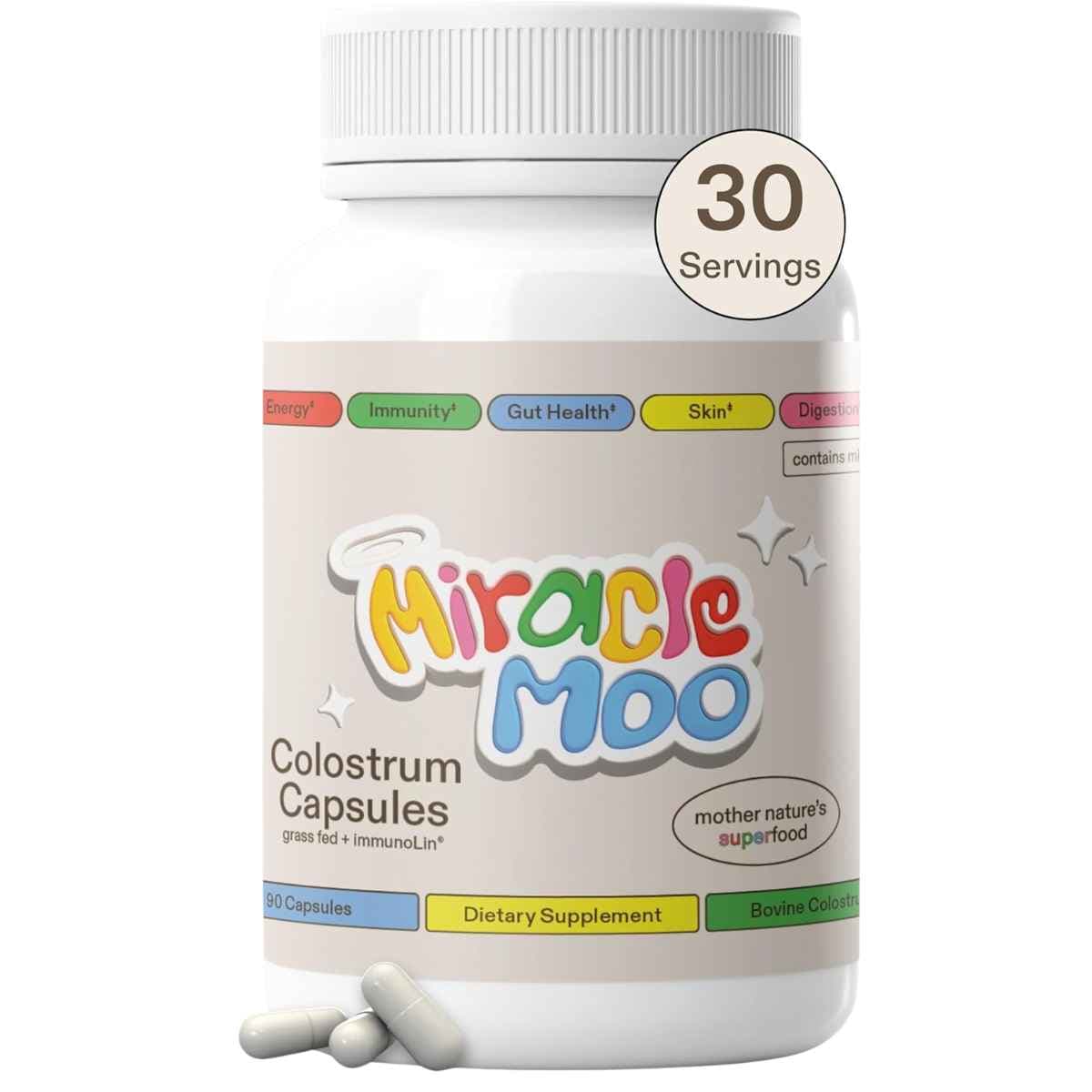 Frasco de suplemento Miracle Moo Calostro Bovino 1500 mg 90 cápsulas