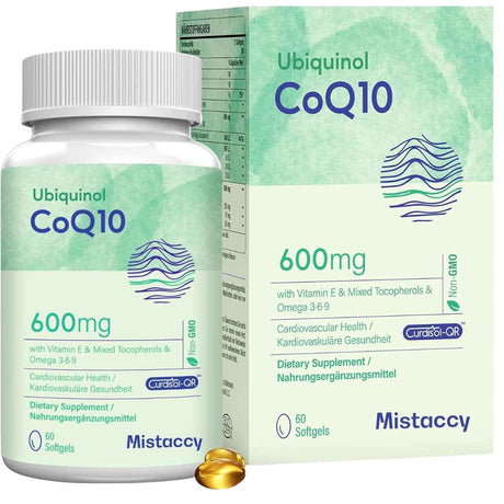 Frasco de suplemento Mistaccy Ubiquinol CoQ10 600 mg 60 cápsulas blandas.