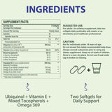 Tabla nutricional del suplemento Mistaccy Ubiquinol CoQ10 600 mg 60 cápsulas blandas.