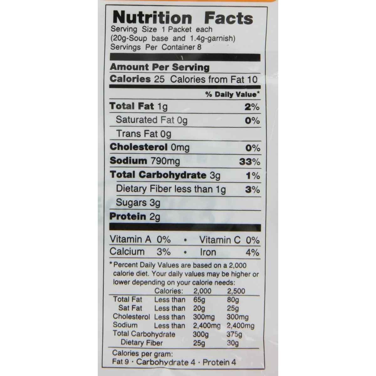 Tabla nutricional de la sopa Miyasaka Sopa de Miso Instantánea Tofu 171.2 g 8 porciones