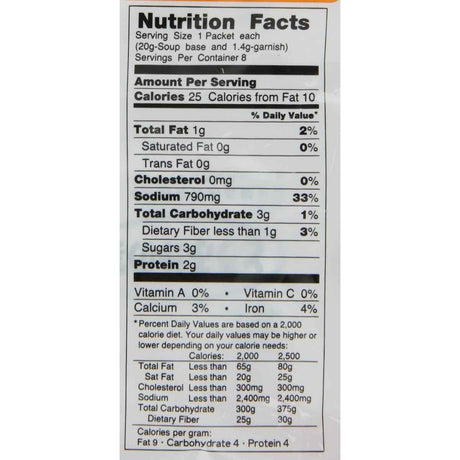 Tabla nutricional de la sopa Miyasaka Sopa de Miso Instantánea Tofu 171.2 g 8 porciones