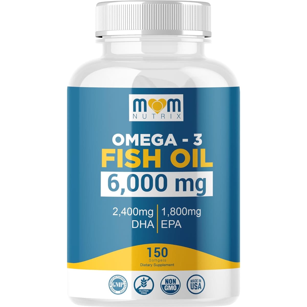 Frasco frontal de Mom Nutrix aceite de pescado Omega 3 6000 mg en presentación de 150 cápsulas blandas