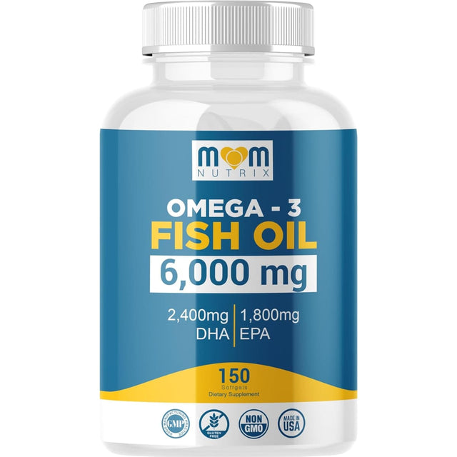 Frasco frontal de Mom Nutrix aceite de pescado Omega 3 6000 mg en presentación de 150 cápsulas blandas