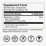 Panel de información del suplemento de Momentous Magtein L-treonato de magnesio, con 145 mg de magnesio por porción.