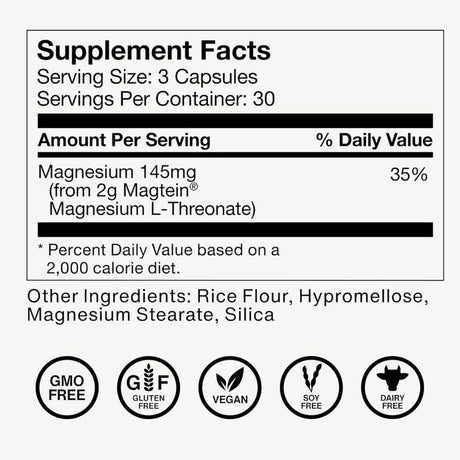 Panel de información del suplemento de Momentous Magtein L-treonato de magnesio, con 145 mg de magnesio por porción.