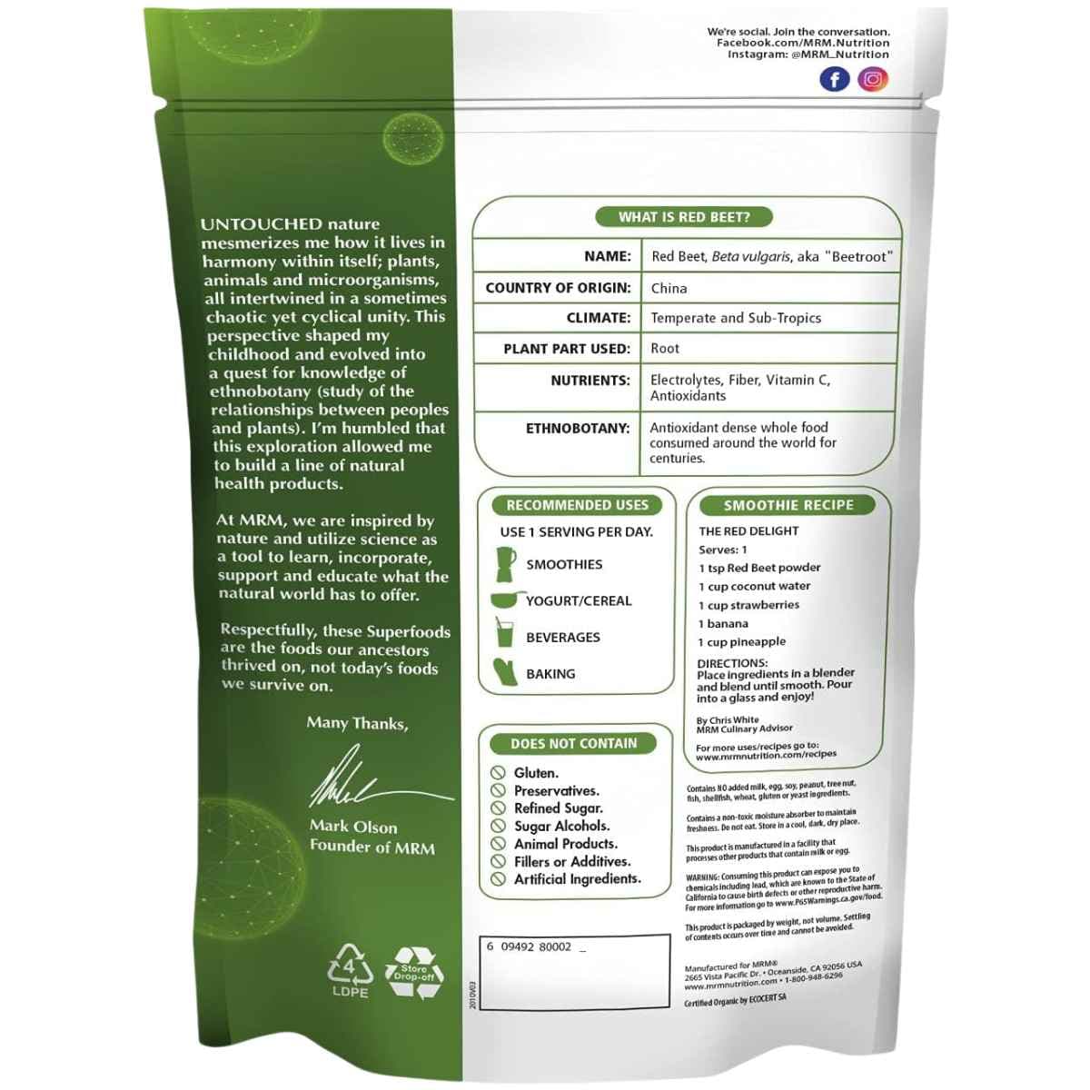 Tabla nutricional del suplemento MRM Nutrition Remolacha Roja Orgánica 240 g