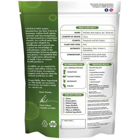 Tabla nutricional del suplemento MRM Nutrition Remolacha Roja Orgánica 240 g