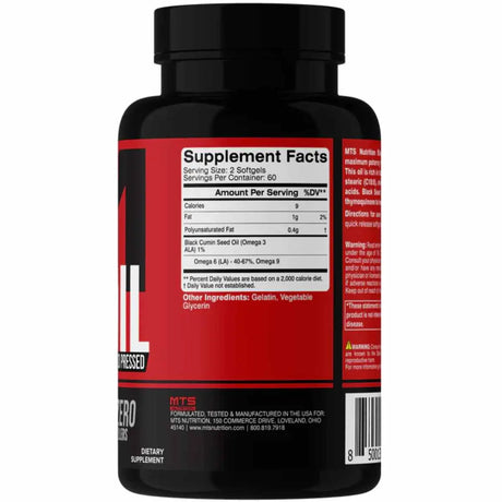 MTS Nutrition aceite semilla negra - 120 Cápsulas Blandas - Tabla Nutricional - 60 Servicios - Haz Tu Pedido
