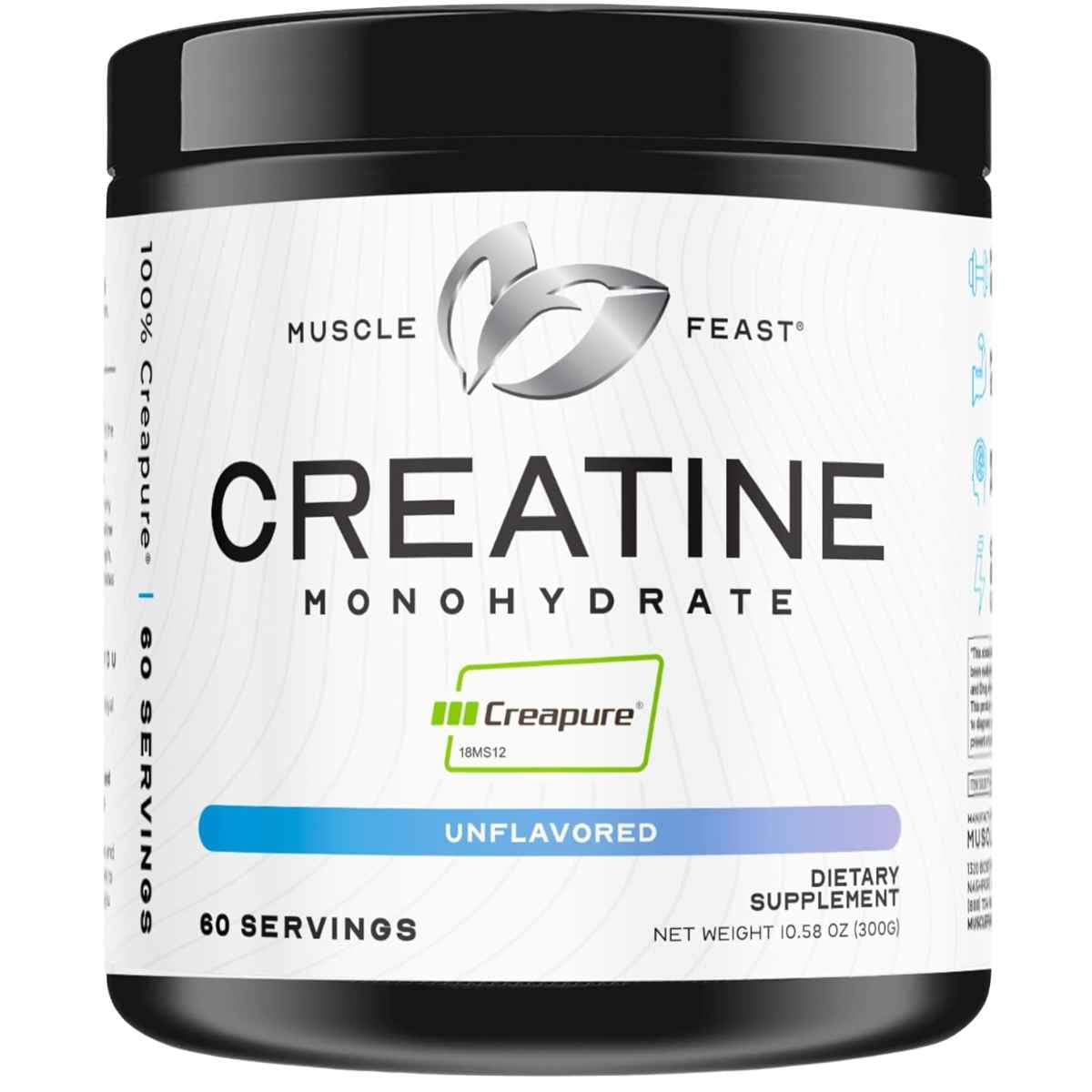 Frasco de suplemento Muscle Feast Monohidrato de Creatina 300g