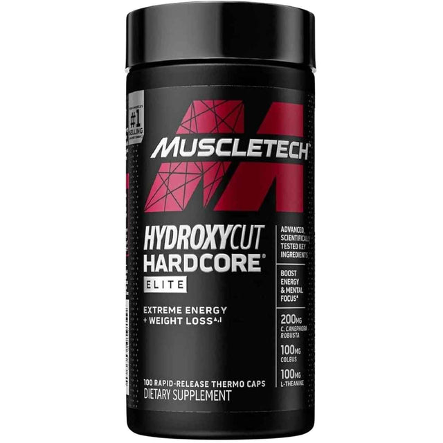 Frasco frontal de MuscleTech Hydroxycut Hardcore Elite, presentación de 100 cápsulas.