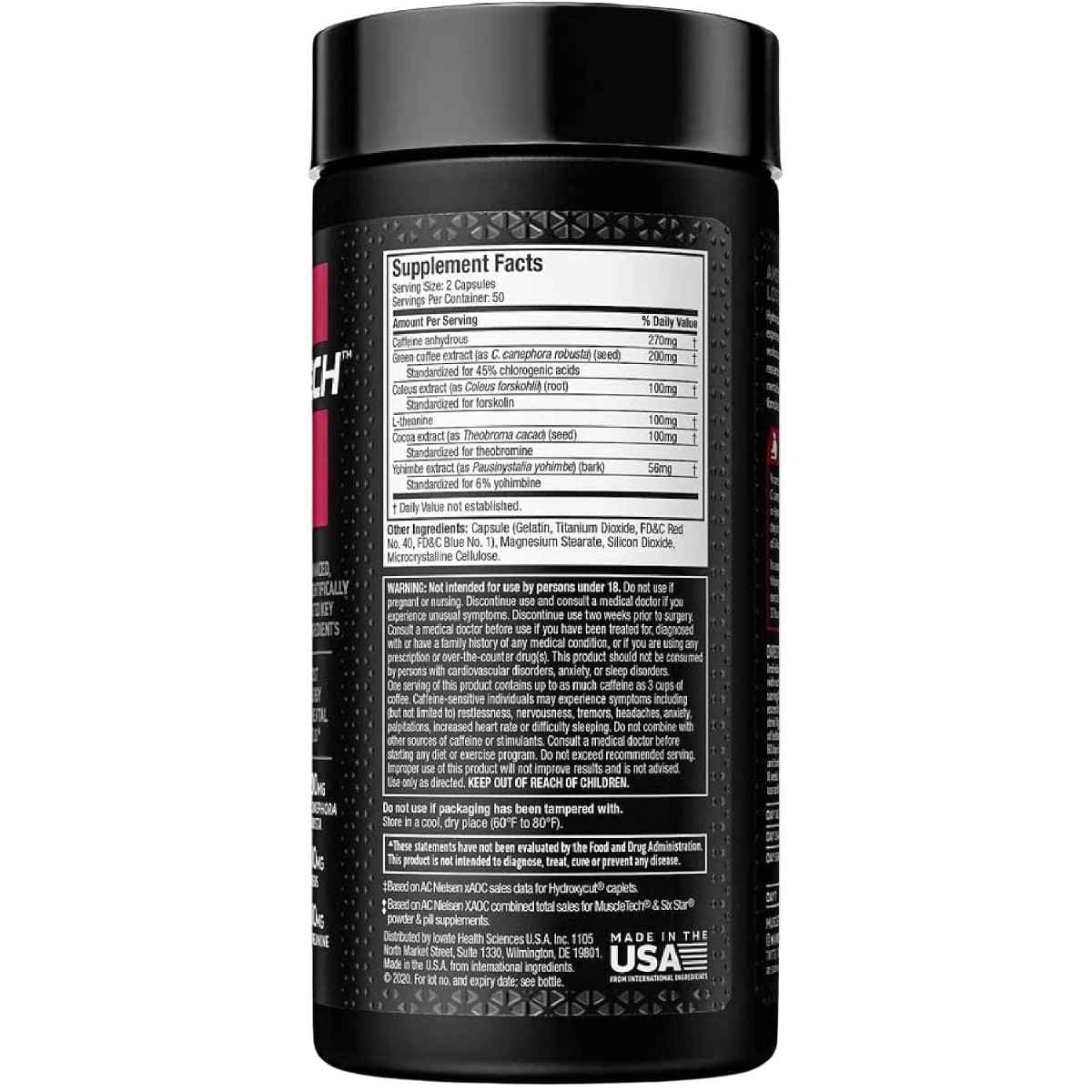 Vista posterior de MuscleTech Hydroxycut Hardcore Elite con información del suplemento, ingredientes y advertencias.