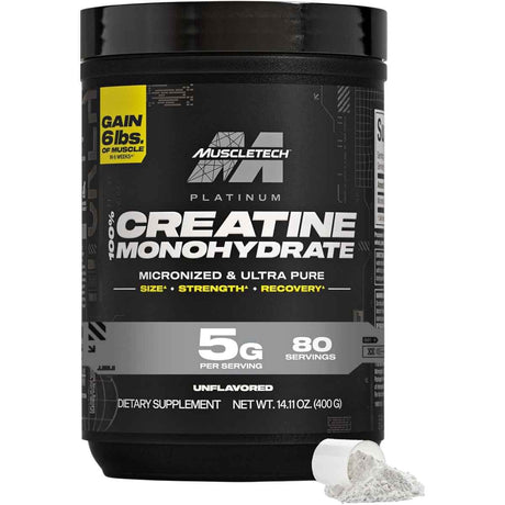 Frasco de suplemento MuscleTech Platinum Monohidrato de Creatina Sin Sabor 80 porciones