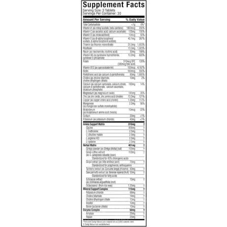 Tabla nutricional del suplemento MuscleTech Platinum Multivitamínico 90 tabletas
