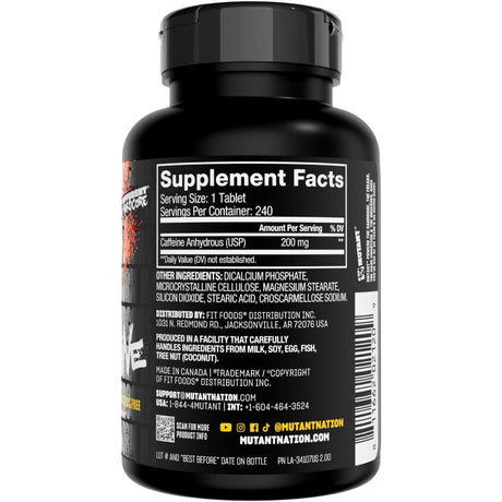Tabla nutricional del suplemento Mutant Cafeína Anhidra 240 tabletas