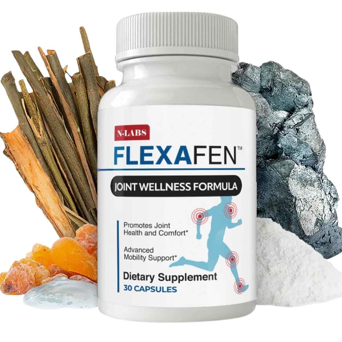 Frasco de suplemento N-Labs Flexafen Fórmula para el Bienestar Articular 30 Cápsulas